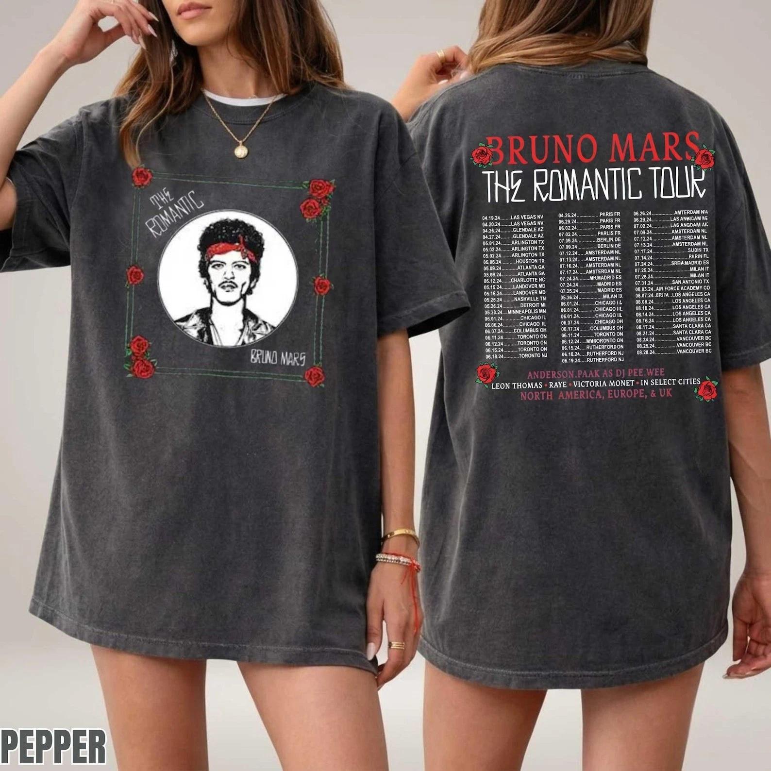 Bruno Mars Tour 2026 T-Shirt, A Romantic Tour Dates Tee, Retro-Style Concert Shi 4XL