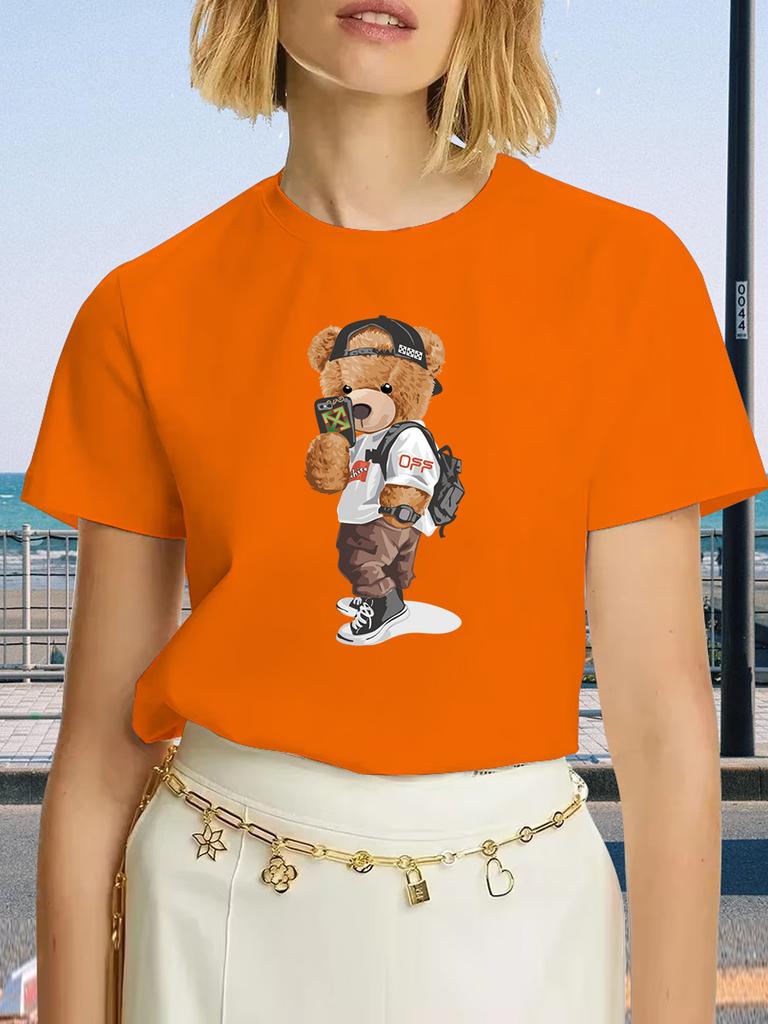 Luxury Brand Fashion Black Selfie Bear Printed Crew Neck Clothing Short Sleeve T-Shirt Trend Women's Summer Y2K Top