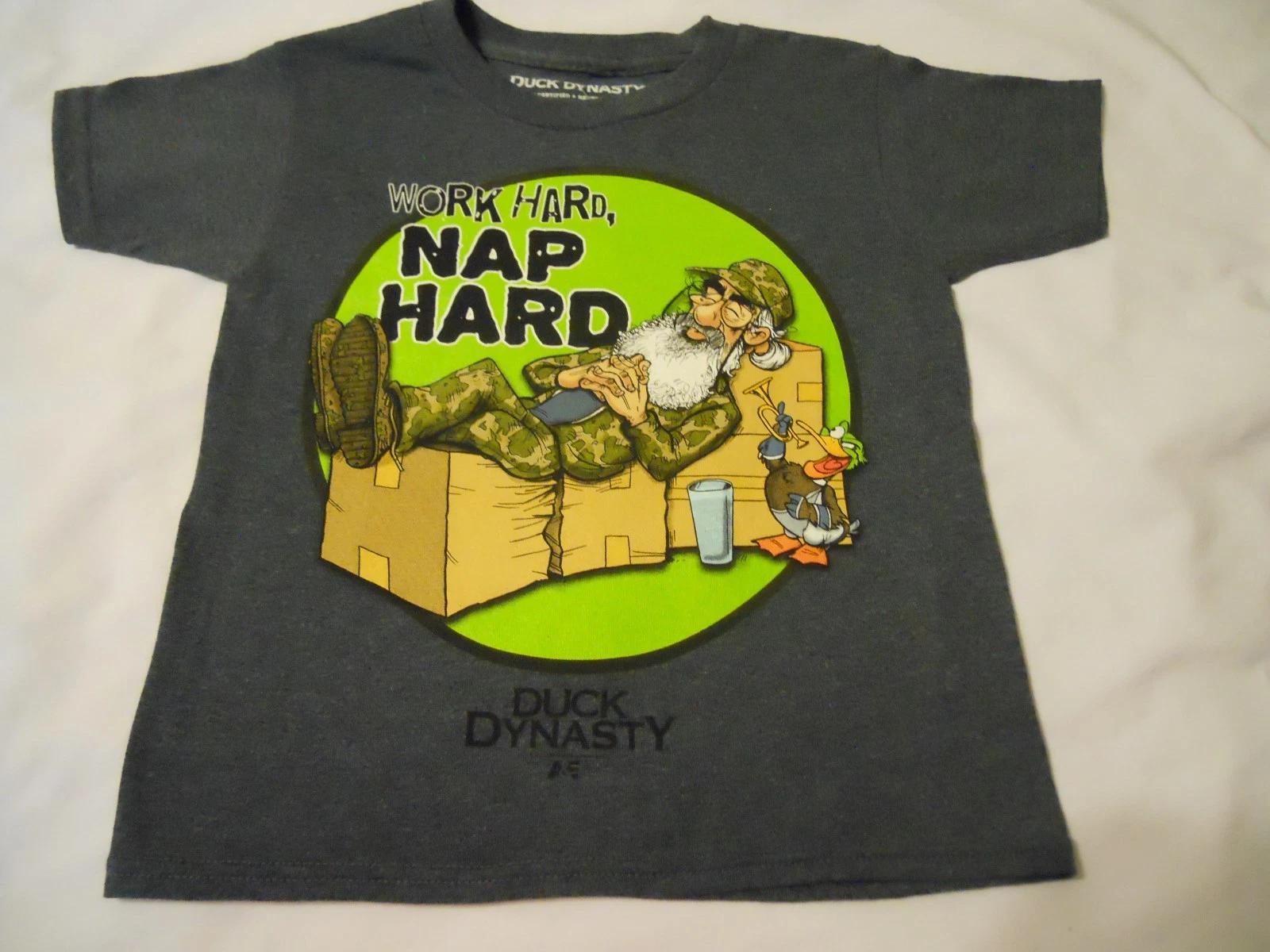 Boys Tee Shirt Sz XS 4/5 Duck Dynasty Kids Dark Heather Gray Work Hard Nap Hard 100
