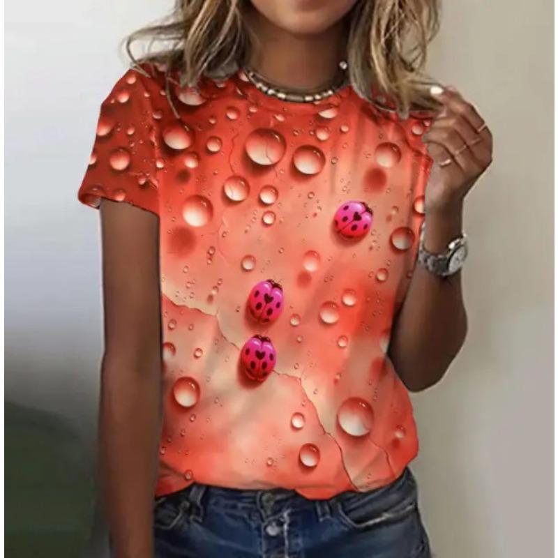 Summer New Women's Loose Shirt, Water Drop Pattern Printing Round Neck Short Sleeves