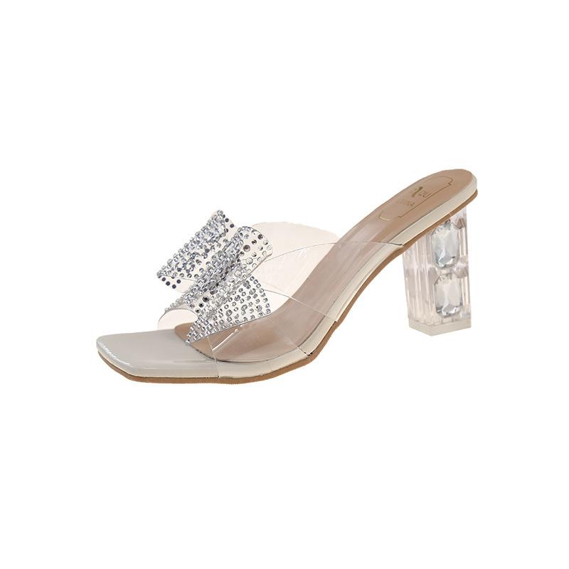 High heels women's summer 2025 new French rhinestone bow crystal heel sandals square head thick heel slippers women