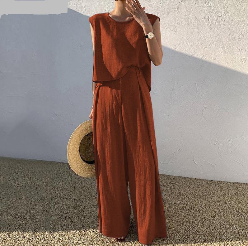 Spring/Summer 2023 Cotton Linen Casual Two-Piece Set: Sleeveless Top & Wide-Leg Pants for Women