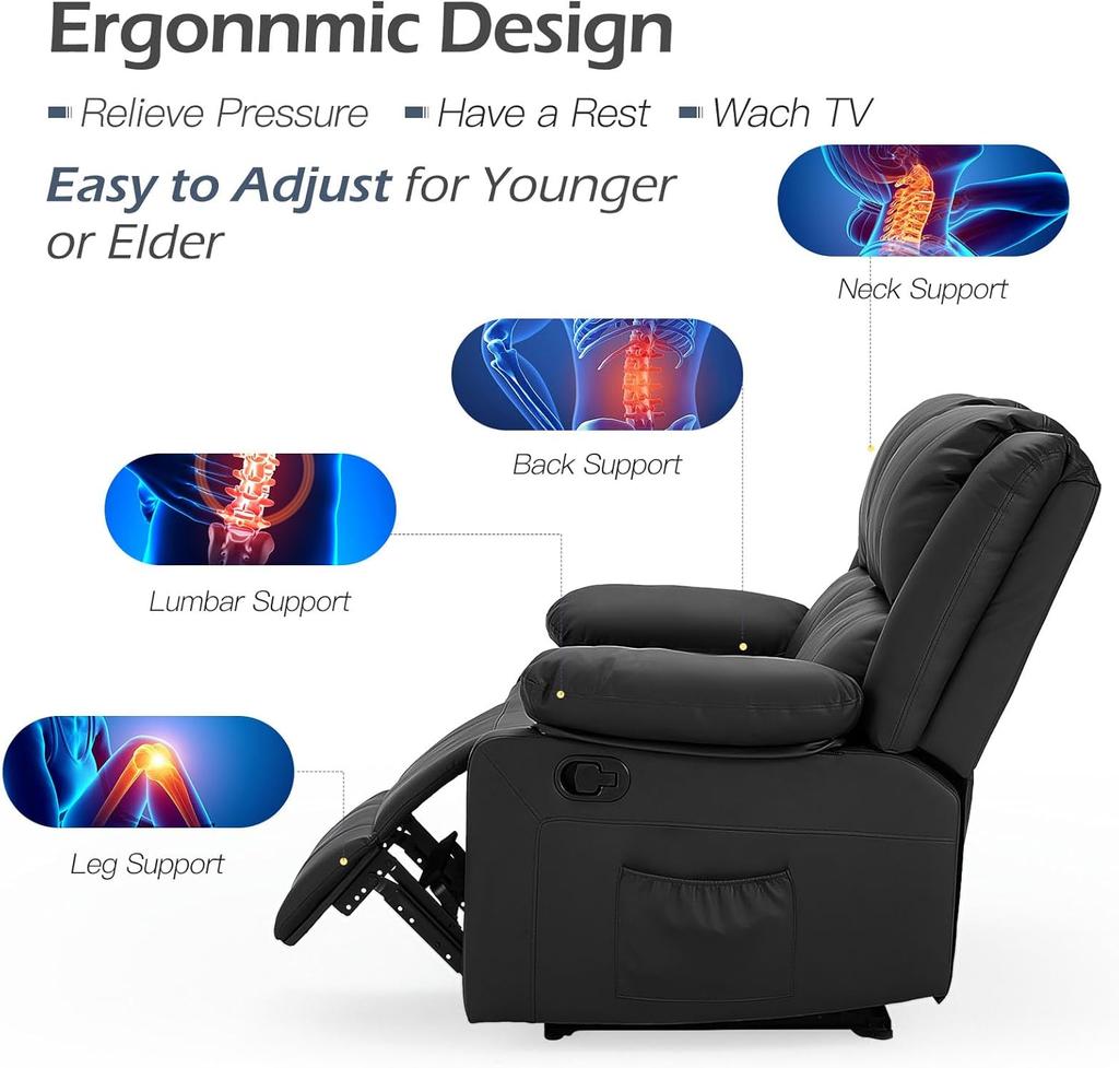 YODOLLA Ergonomic Recliner Chair – Adjustable TV Chair with Footrest , Modern Faux Leather, Manual Controls & Side Pockets (Black)