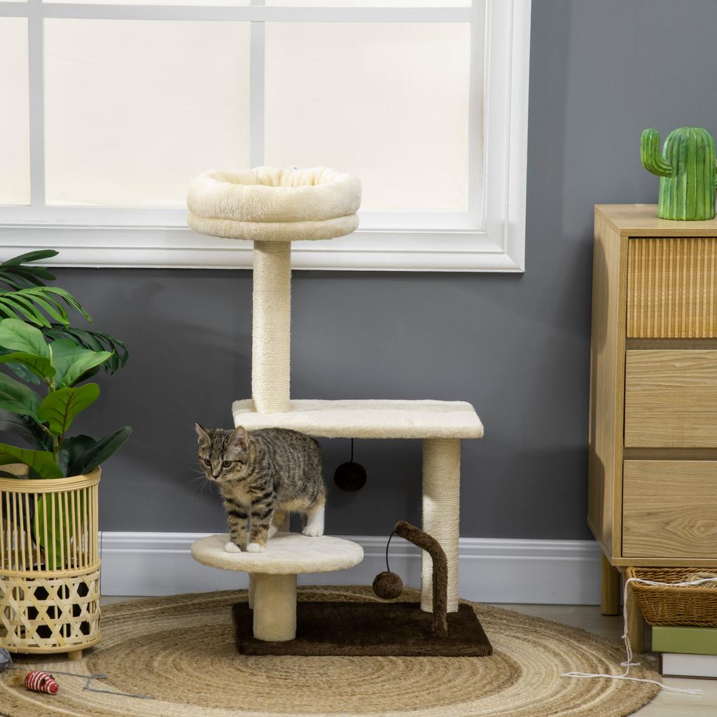 Cat Scratching Tree with Sisal Post, Perch and Play Balls, in Particleboard and Plush, 44x38x81 cm