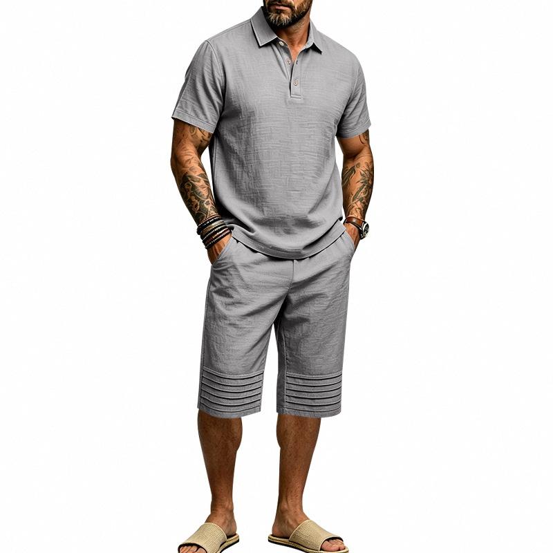 Summer Men's Casual Sportswear Sets Lapel Men's Short-Sleeved Shirt and Shorts Solid Beach Set
