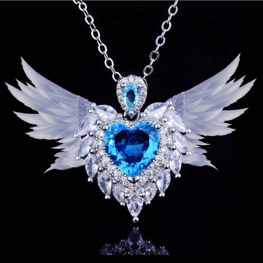 Angel Wing Pendant Necklace with Simulated Aquamarine Heart Wing Jewelry Design for Women