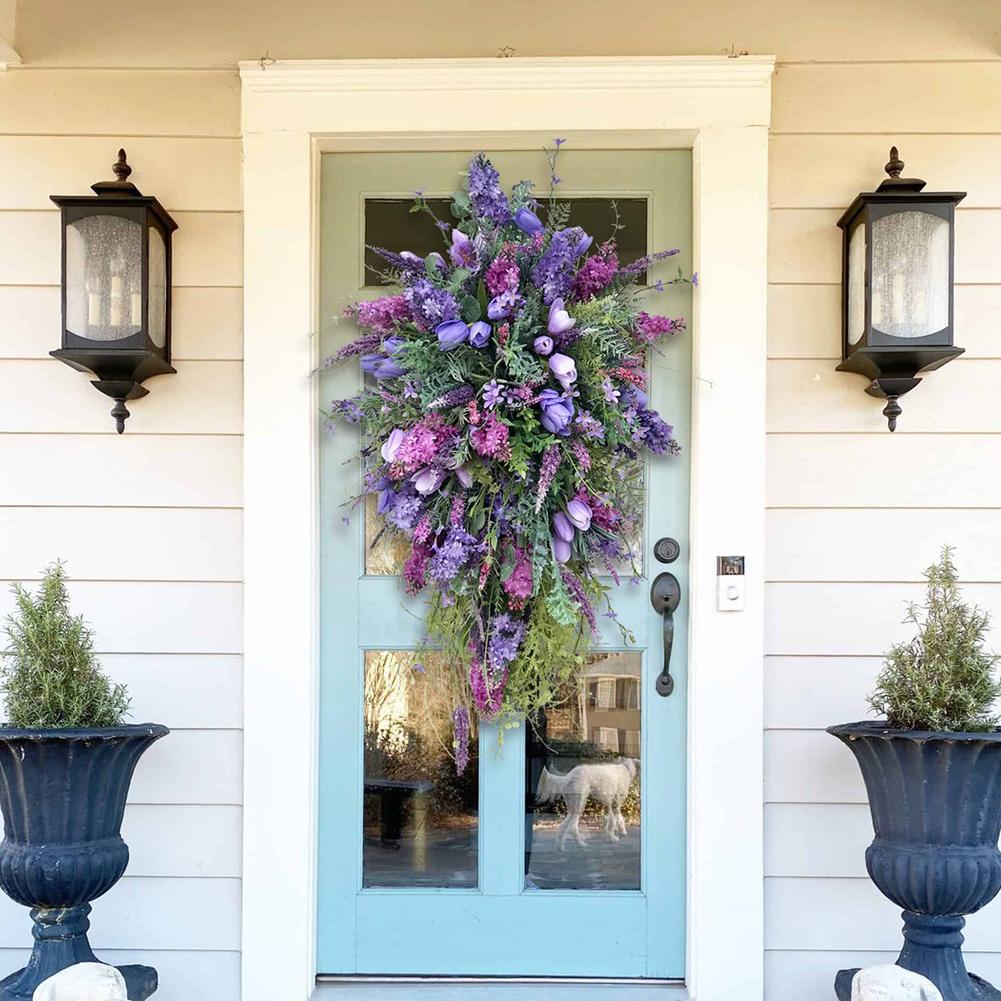 Artificial Spring Wreath 50x35cm Rustic Hanging Wreath Creative Flower Garland Pendant for Front Door Garden Decor