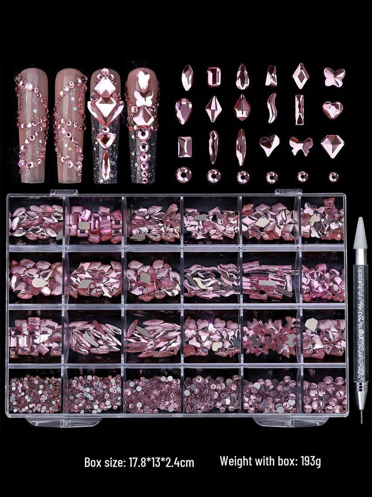 Iridescent Nail Art Rhinestone Set: 24 Grids of Mixed Super Sparkle Flat-Back Rhinestones in Special Shapes with Box Packaging.