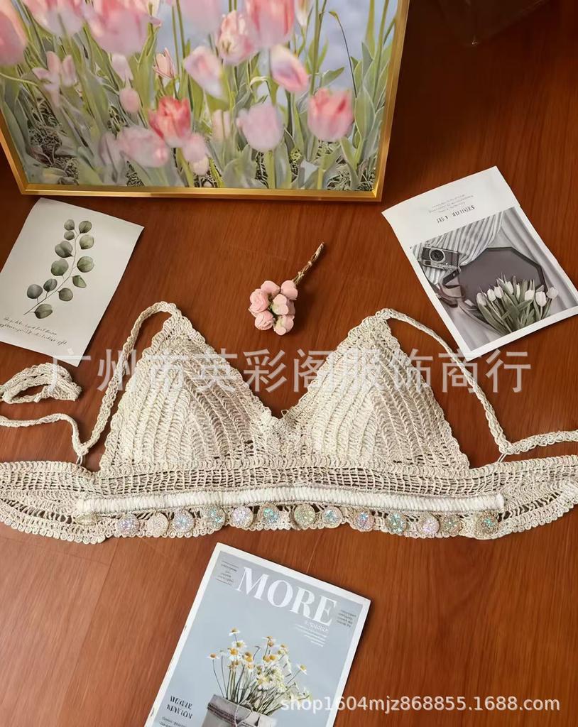 Seaside vacation new sexy vacation top lace-up knitted suspender beach hollow backless tube top short vest