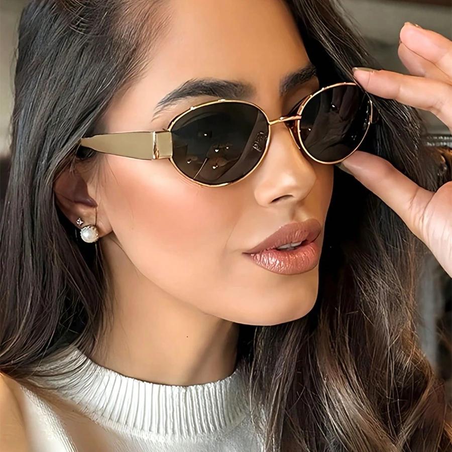Vintage Oval Sunglasses  New Stylish Metal Rim Outdoor Shades Trendy Fashion Luxury Brand Design Anti-UV Sun Glasses