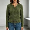 2026 Fall Womens Retro Twist Knit Top Round Neck Drawstring Waist Cardigan Sweater