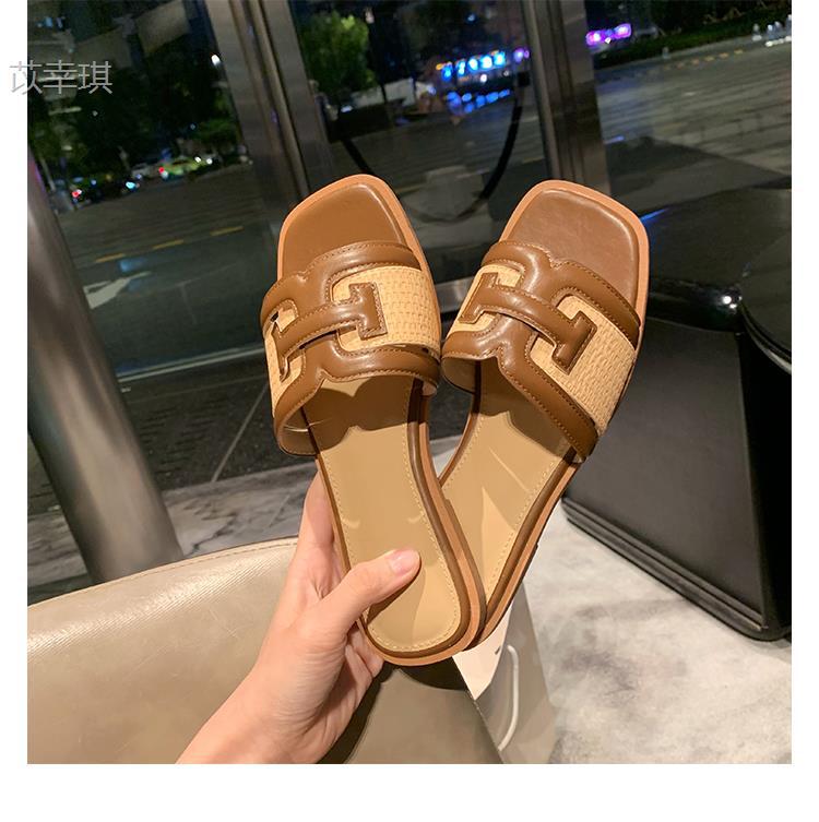 

Sheepskin version of genuine leather square head straw splicing cool slippers women s summer woven beach one-word slippers wear half slippers 34