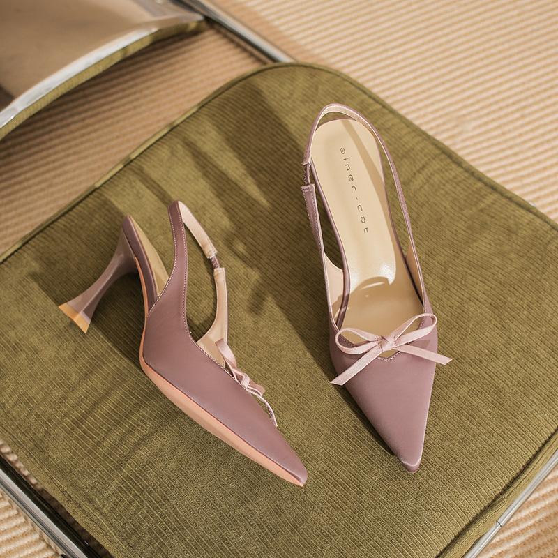 

73216 [sheepskin] high heels women s stiletto 2025 new pointed empty sandals temperament bow single shoes 39