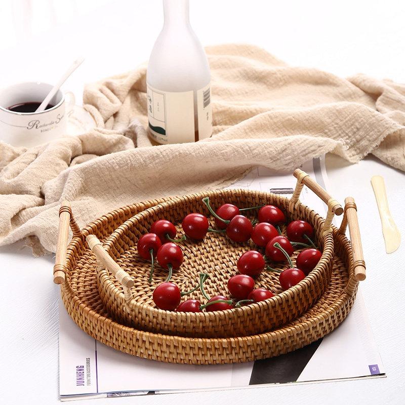 Handwoven Rattan Fruit Bowl Tray - Natural Woven Snack & Bread Serving Basket, Boho Style Tabletop Centerpiece for Kitchen
