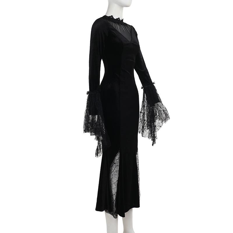 AltGoth Gothic Dark Halloween Velvet Dress Women Vintage Fairy Grunge Lace Patchwork Flare Sleeve High Waist Evening Party Dress