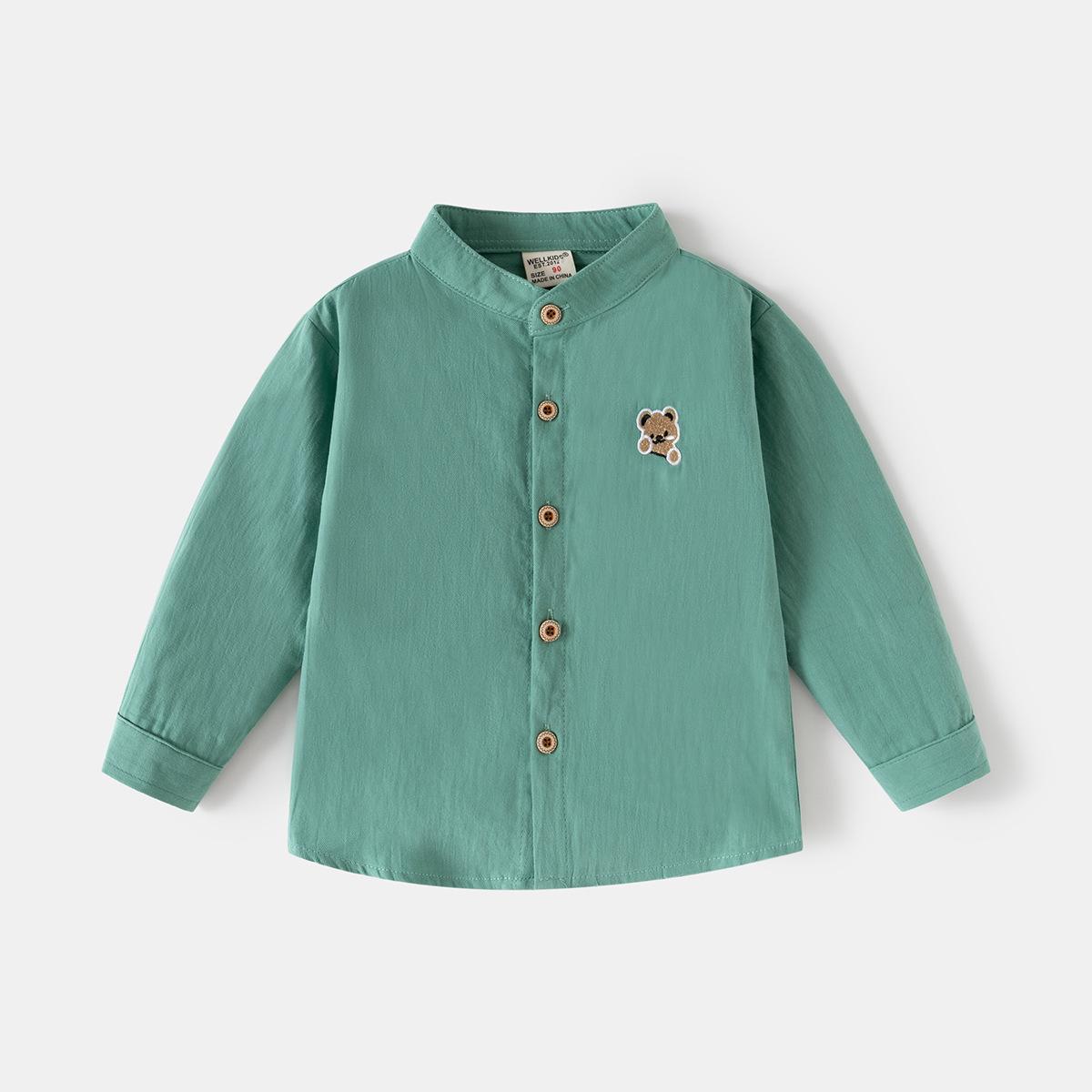 

Детская рубашка с длинным рукавом 2025 осень новая для мальчиков рубашка однотонная со стойкой воротником детский топ модная детская одежда 130cm