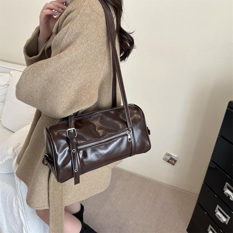 Vintage Solid Color Women Pu Shoulder Bags Large Capacity Ladies Handbags Versatile Belt Design Textured Female Crossbody Tote