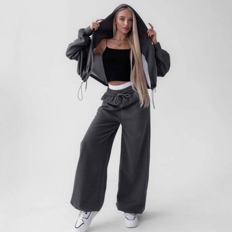 Sports Style Casual Women Hooded Waist Short Top Drawstring Trousers Two-piece Set