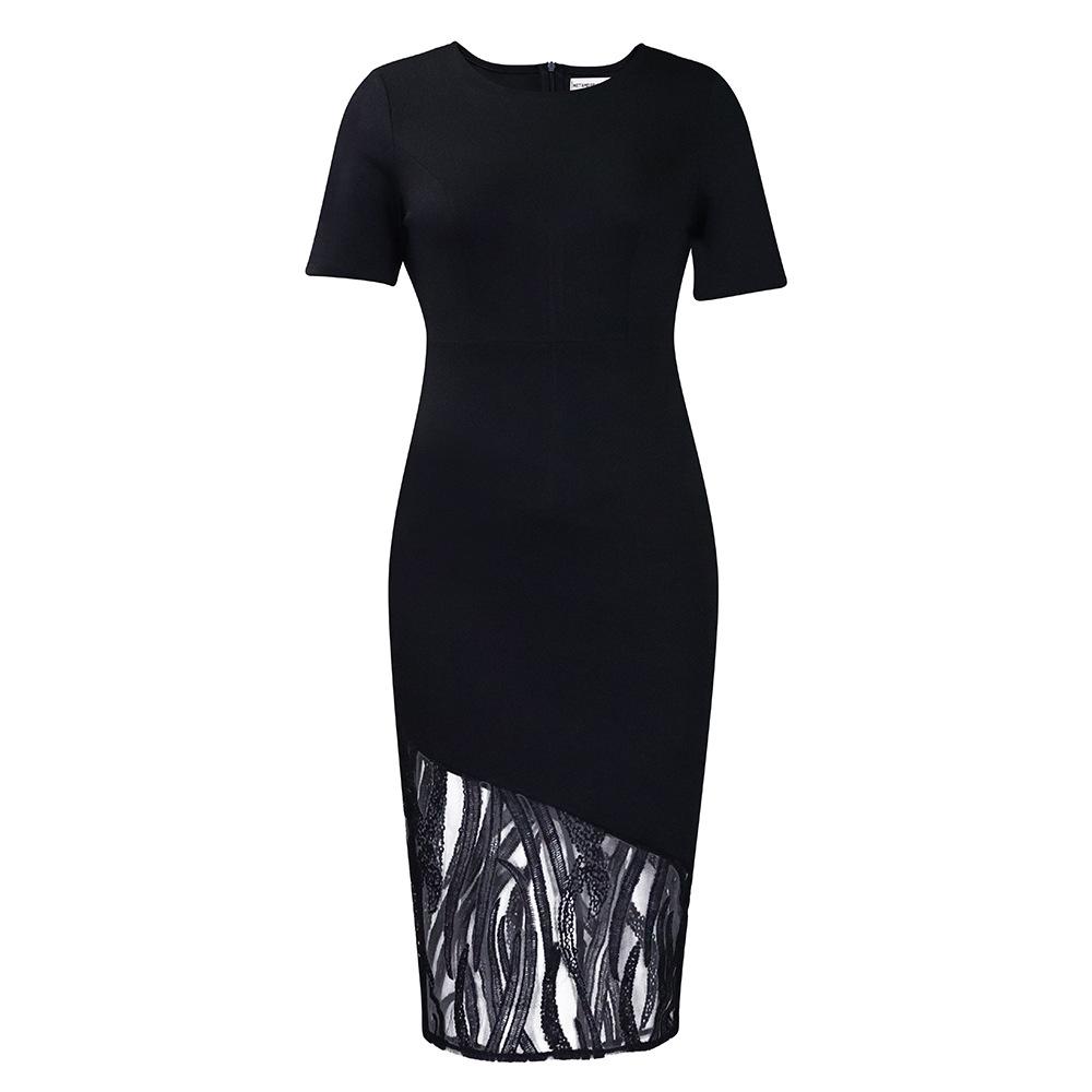 Plus Size Women Summer Short Sleeve Solid Beaded Lace Patchwork Bodycon Commute Midi Dress S