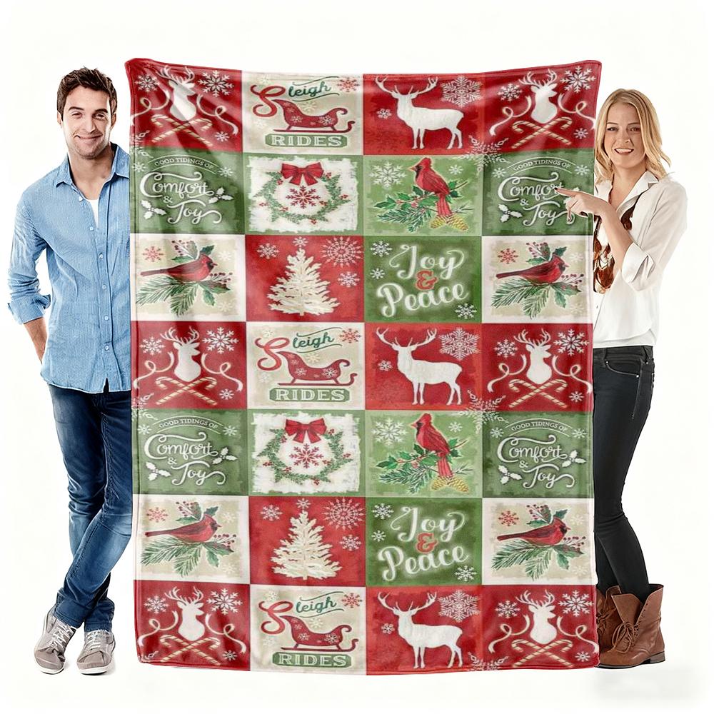 Christmas Patchwork Fleece Blanket Reindeer Cardinal Tree Pattern Soft Cozy Throw Blanket  for Couch  Lounging Ideal Gifts