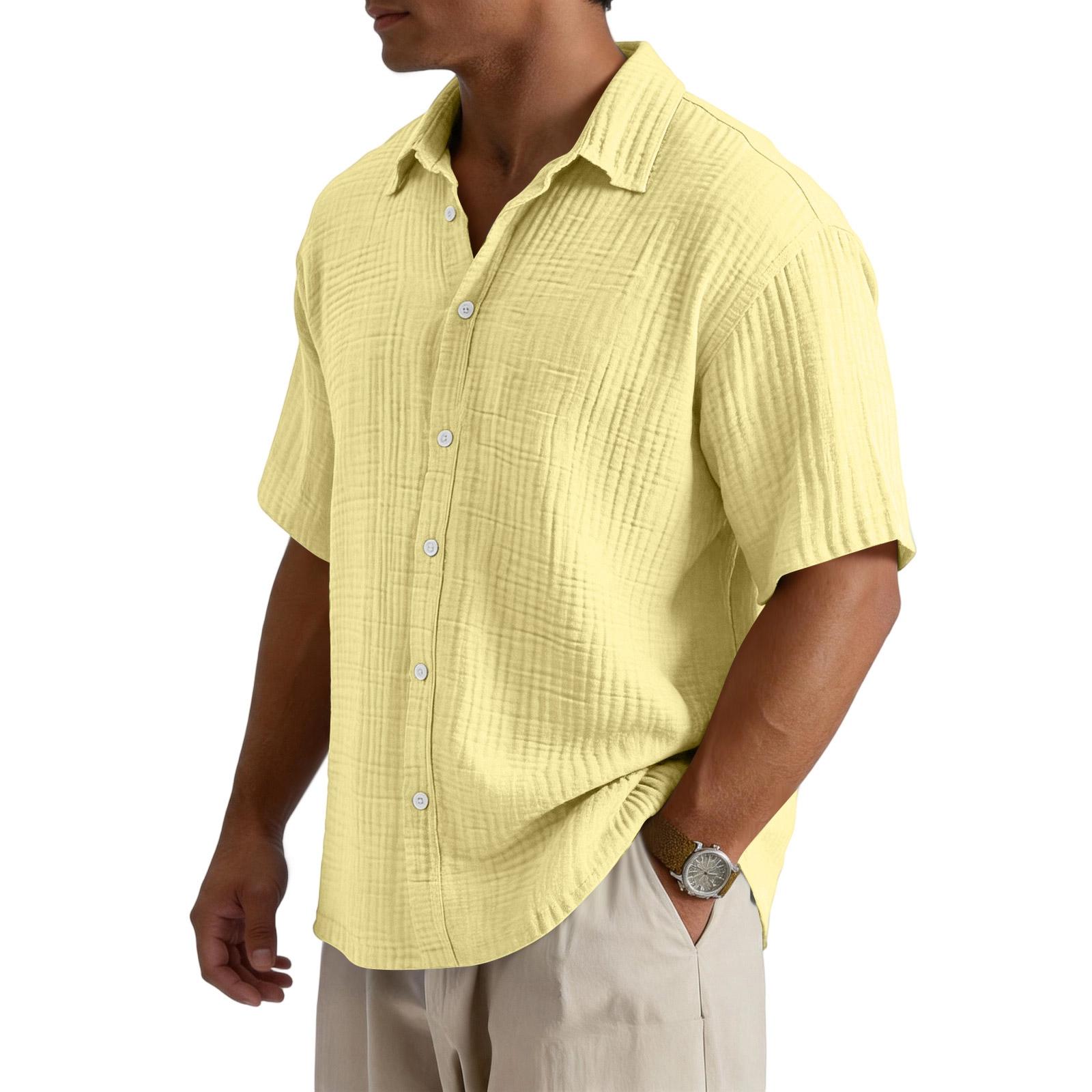 

Men s Loose Fit Casual Button Up Shirt Short Sleeve Textured Cotton Shirt with Spread Collar Lightweight Summer Shirt L жовтий