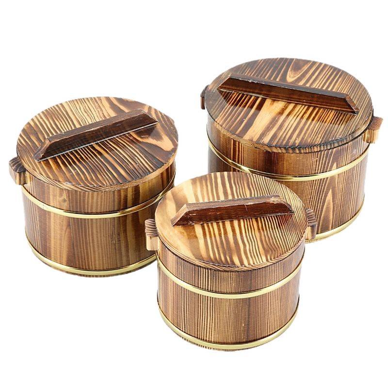Wooden Rice Bucket with Lid: Insulated Serving Bowl and Spoon for Dining Table