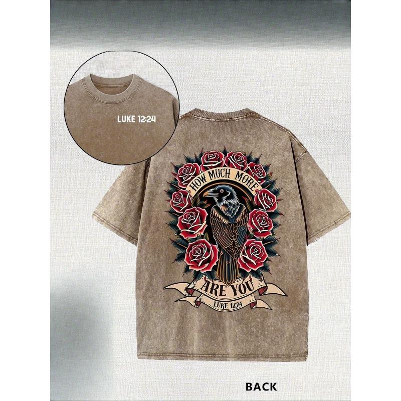 European Size Orca BrandMen's Heavy T-Shirt - Vintage Washed Beige Red Rose and Crow Pattern - Loose Street Style Concert, Festival, Daily Casual