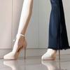 Niche design one-word pearl chain temperament versatile single shoes Korean version nude suede waterproof table hollow high heels women