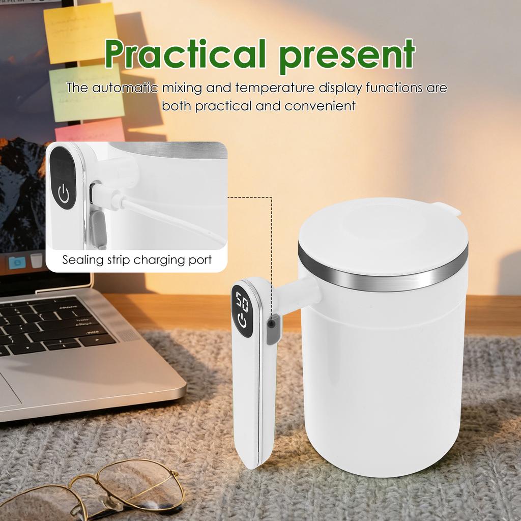 Automatic Magnetic Stirring Coffee Mug 14 Oz Stainless Steel Thermal Cup with Temp Display USB Charge Portable Self Mixing Cups