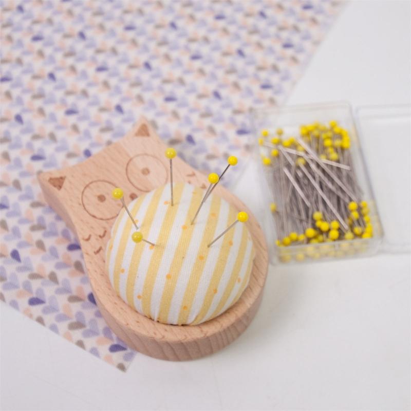 Pin Holder Wood Pin Cushion with 100Pcs 38mm Long Straight Sewing Pin for Fabric Sewing Dressmaking Needlework