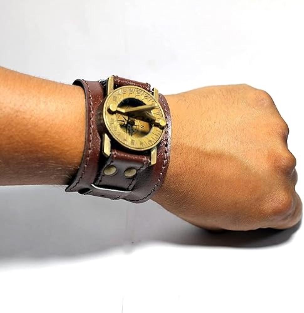 Sundial Wrist Watch Brass Compass & Leather Straps Nautical Steampunk Handmade