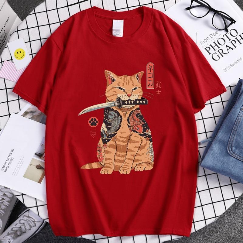 Summer Unisex 100 Cotton Shortsleeved Breathable Samurai Cat Personalized Print Tshirt For Casual And Loose Fit Hiphop Style