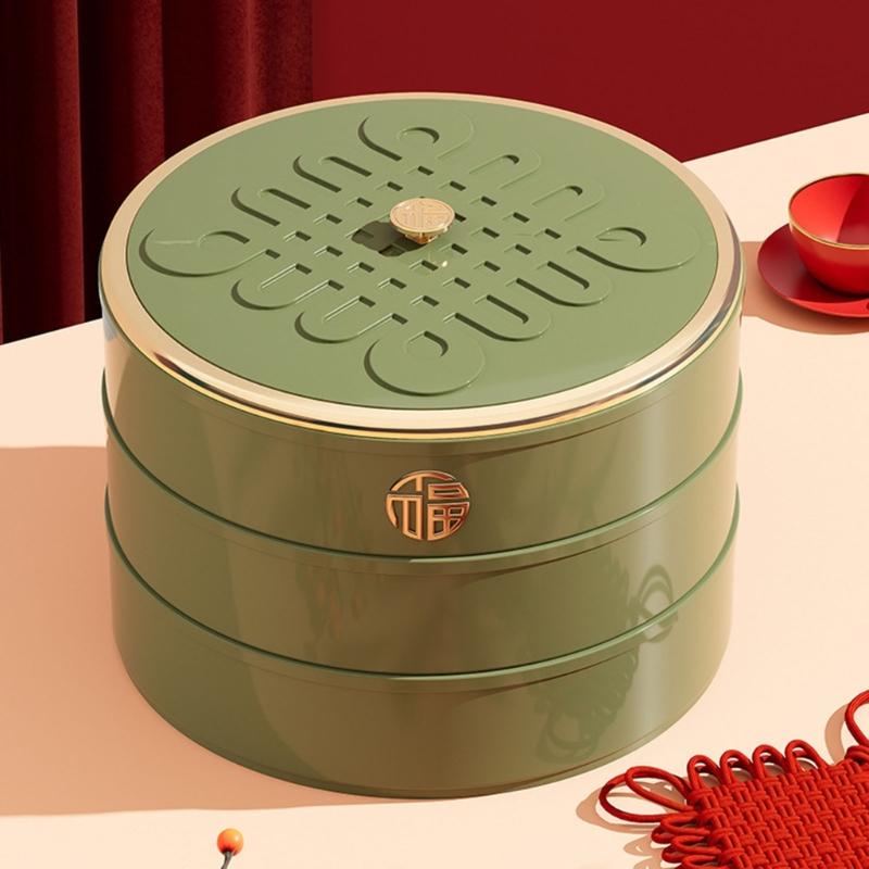 Runde Schale Kunststoff 5 Fächer mit Deckel Chinesisches Knotenmuster zum Servieren von Snacks und Süßigkeiten Trockenfrüchte Box