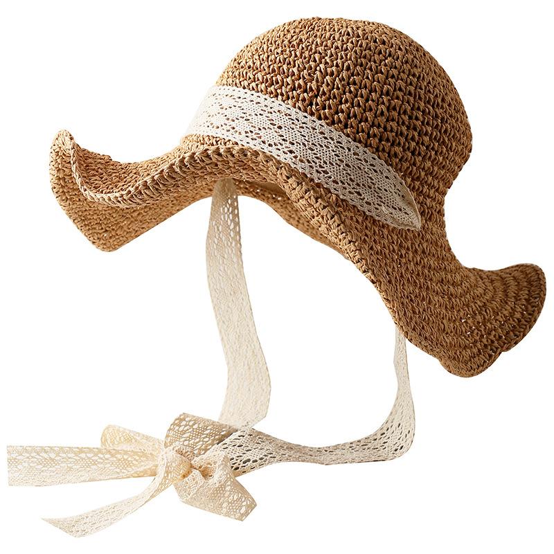 New lace strap straw hat girl summer small fresh sweet fairy straw bucket hat shade