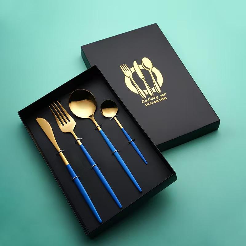 tableware 410 stainless steel, knife, table fork, table spoon, kitchen utensils, Portuguese-style, green and gold 4-piece set
