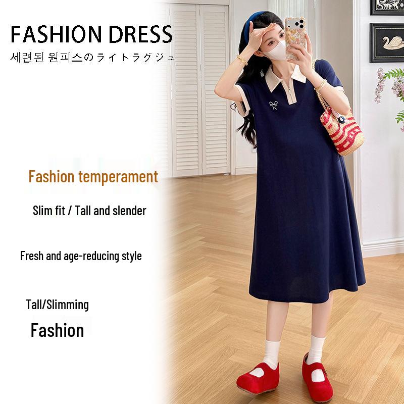 

Summer 2026 Maternity Color-Block Zipper Polo Dress - Casual Loose A-Line Mid-Length Skirt 2XL темно-синий