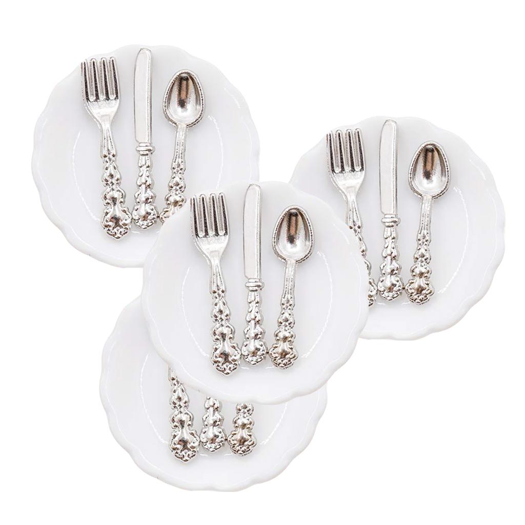 4Set Miniature Dollhouse Tableware Set for 1/12 Scale Dollhouse with Plates and Cutlery Set Dollhouse Decoration