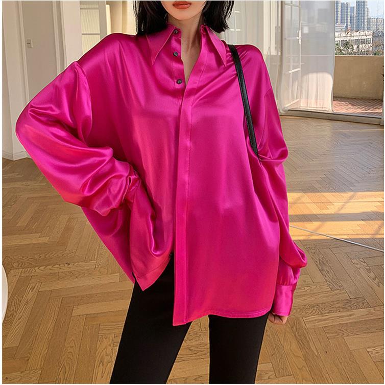 

Chic Rose Red European Satin Shirt - Casual, Age-Reducing Street Style Small рожевий червоний колір
