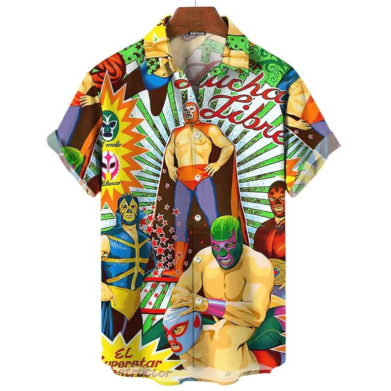 Hawaiian Shirt for Men Mexican Wrestling Print Men's Shirt Streetwear Fashion Summer New Short Sleeve Top Men's Trendy Clothing