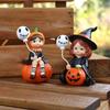 2pcs Halloween Pumpkin Witch Sister Figurines with Balloons, Resin Handheld Pumpkin Witch Girl Statue for Home Dining Table, Bookshelf Decor