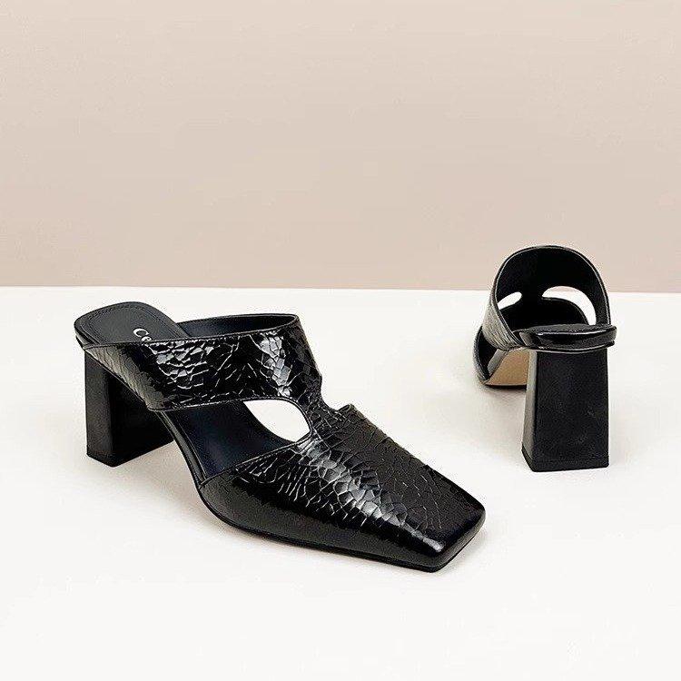 High-heeled cool slippers summer new bag head empty women's slippers simple outer wear fashion square head thick heel slippers women