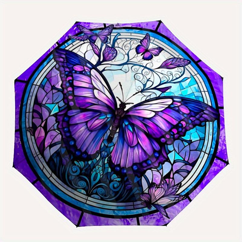 

1pc Butterfly Stained Glass Folding Umbrella With Excellent UV Protection, 8 Ribs Casual Durable Lightweight Portable Travelling Umbrella Fo