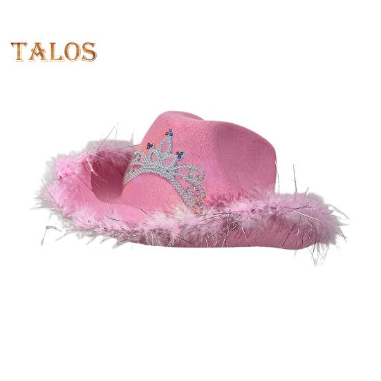 

Шляпа ковбойши со стразами, корона, меховой рваный край, ветрозащитная веревка для подбородка, большие поля, защита от солнца, ретро-стиль вестерн, сценическое шоу, вечеринка M розовый