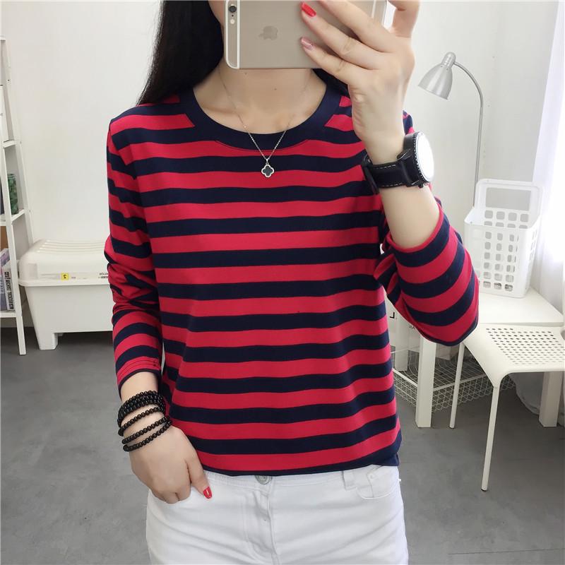 Women's Plus Size Striped Long Sleeve Cotton T-Shirt - Autumn Collection for Middle-Aged Moms
