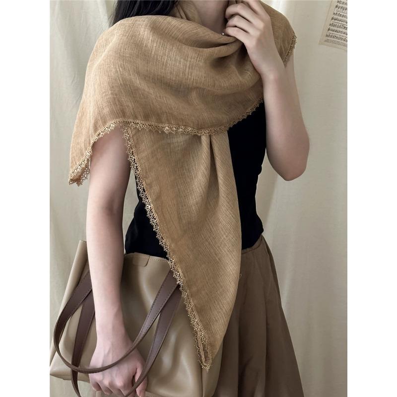 New Style High-end Literary Retro Cotton and Linen Square Scarf Versatile Sequin Headscarf Sun Protection Scarf Shawl