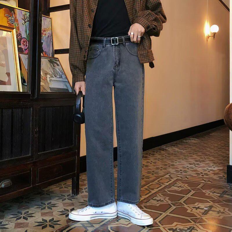 

Korean Style Distressed Washed Wide-Leg Jeans - Retro Casual Straight-Fit for Spring & Autumn M сірий колір