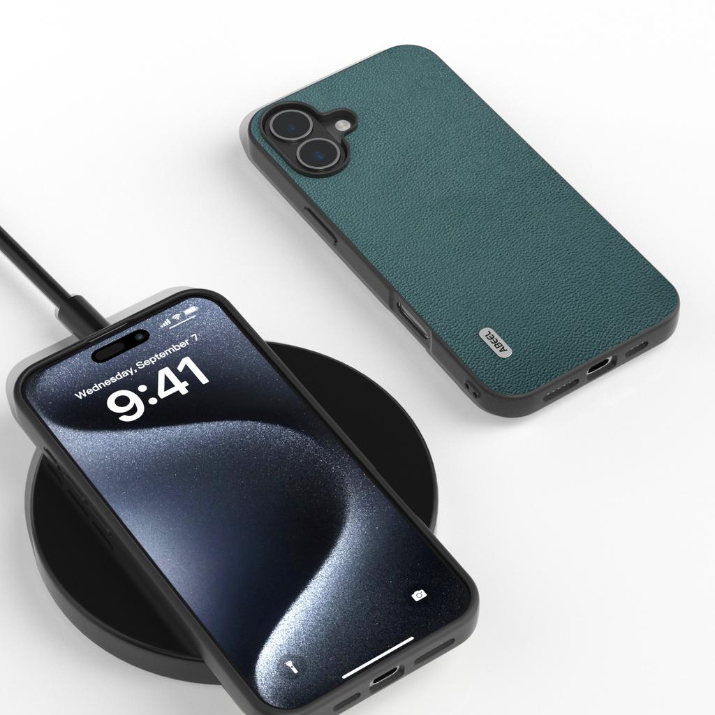 For iPhone 16 Plus Case Genuine Cow Leather Coated PC+TPU Phone Cover