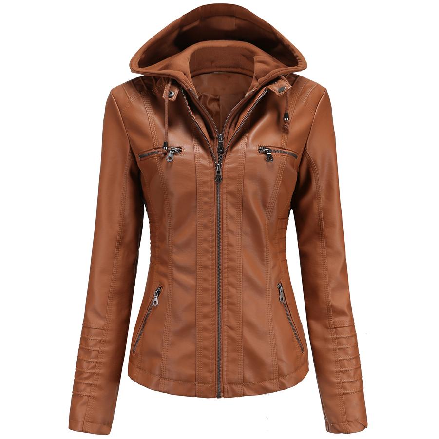 Avtakbar hettejakke for kvinner Motocross Racer Biker Dobbel glidelås Slank PU Motorsykkel Kort Moto Coat Klassisk Bomber Yttertøy S-4XL