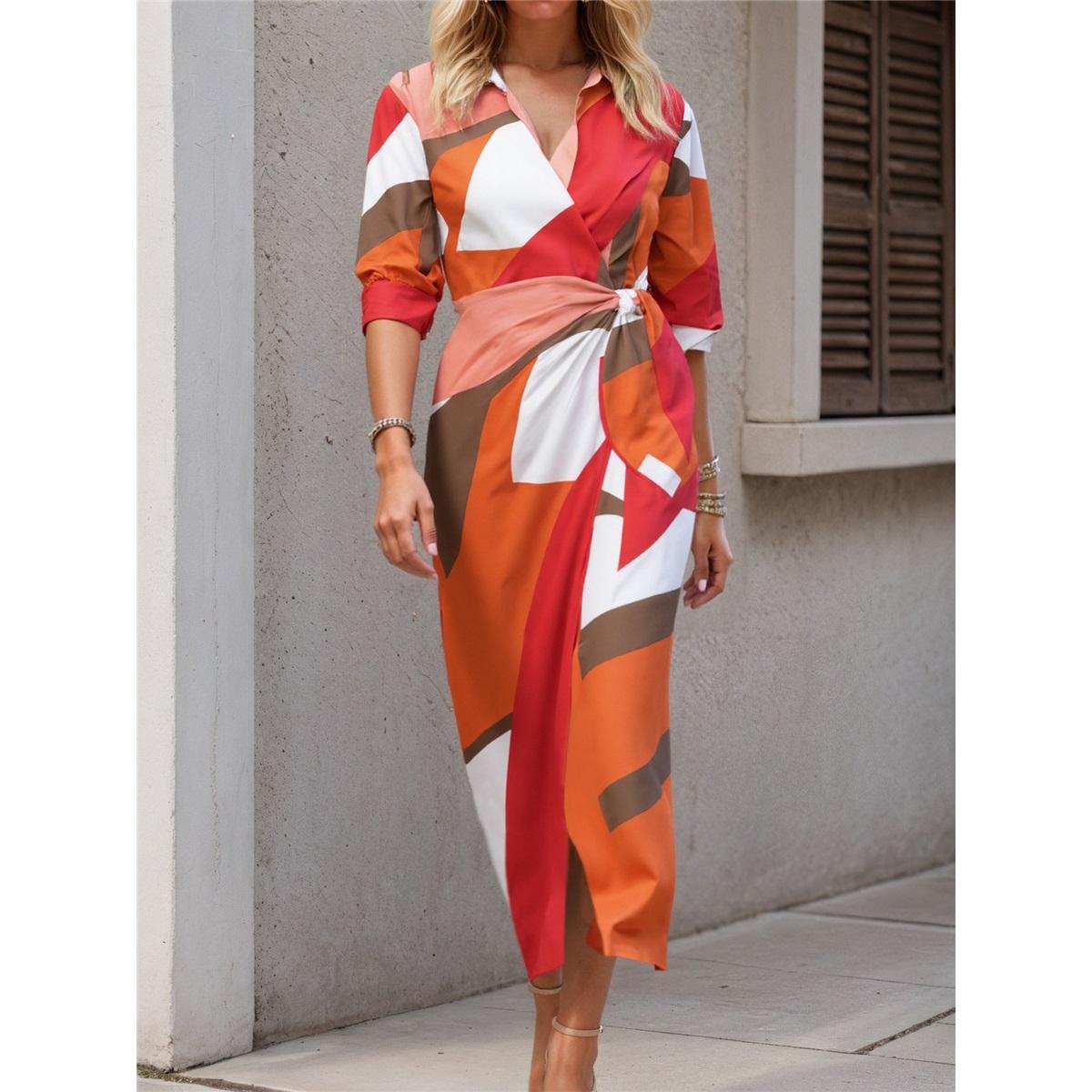 

Women s Long-sleeved V-neck Printed Dress With Lapel And Tie Waist Shirt-style Long Skirt 2XL яскраво-оранжевого кольору