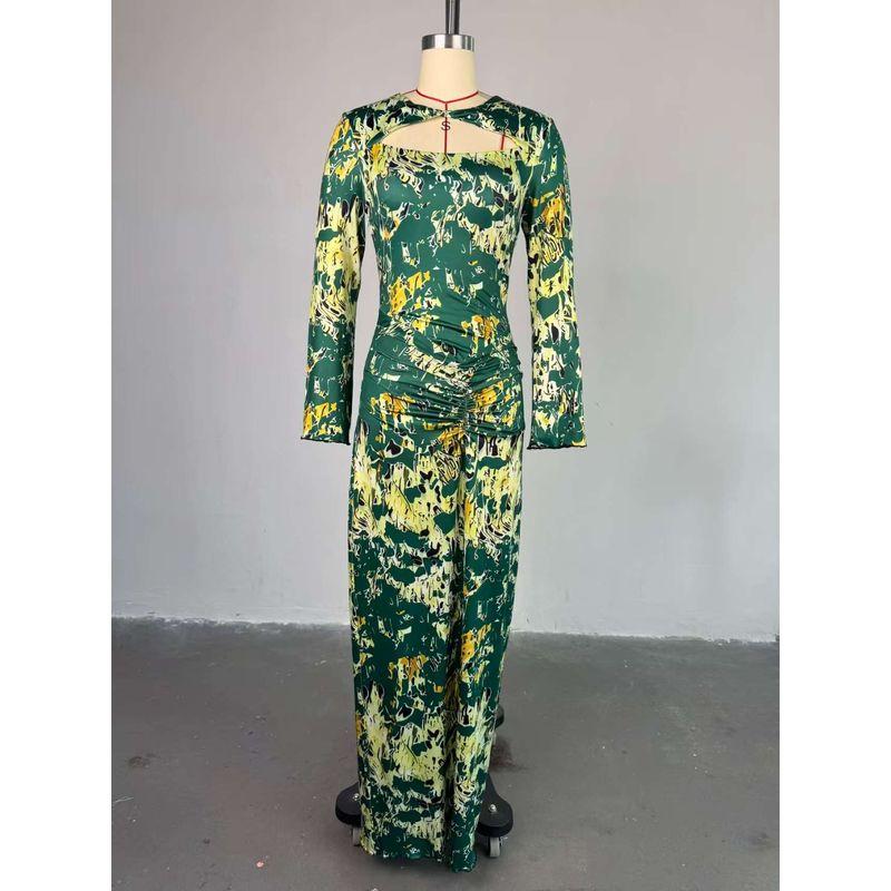 European and American Fashion Sexy Hollow out Long sleeve dress Print Long dress Sexy Hollow Printed Dress